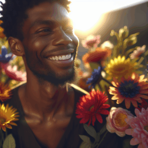Una persona sonriendo con confianza, rodeada de luz cálida y flores, representando la superación personal tras una ruptura.