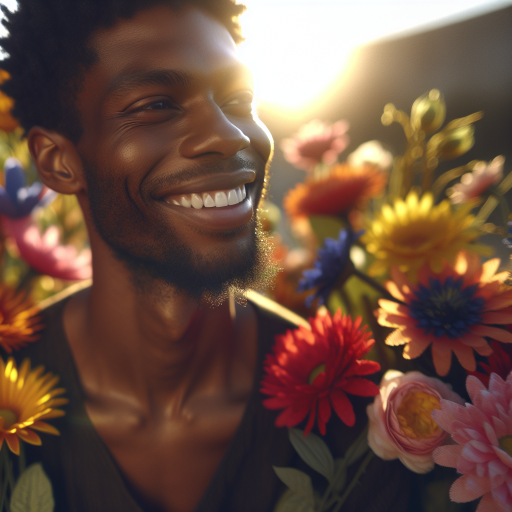 Una persona sonriendo con confianza, rodeada de luz cálida y flores, representando la superación personal tras una ruptura.