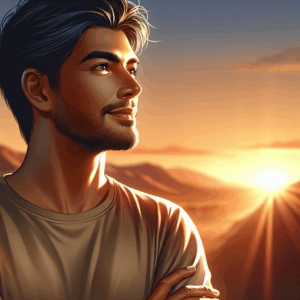 Una persona adulta mirando al horizonte con una expresión de esperanza y serenidad, rodeada de una luz cálida.