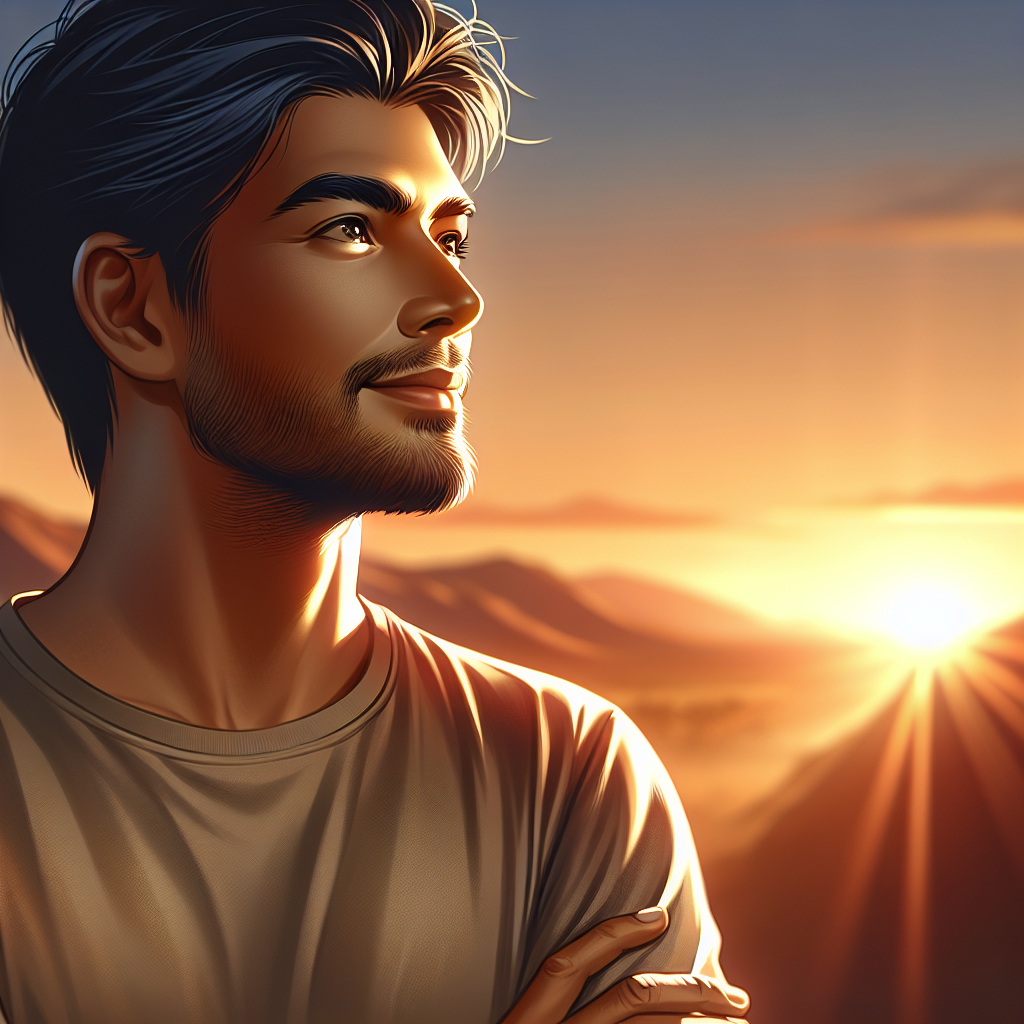 Una persona adulta mirando al horizonte con una expresión de esperanza y serenidad, rodeada de una luz cálida.