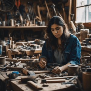 Mujer chilena joven, sentada en un taller de artesanía con herramientas a su alrededor, mirando con determinación un objeto inconcluso, mostrando una mezcla de tristeza y resolución en su rostro.