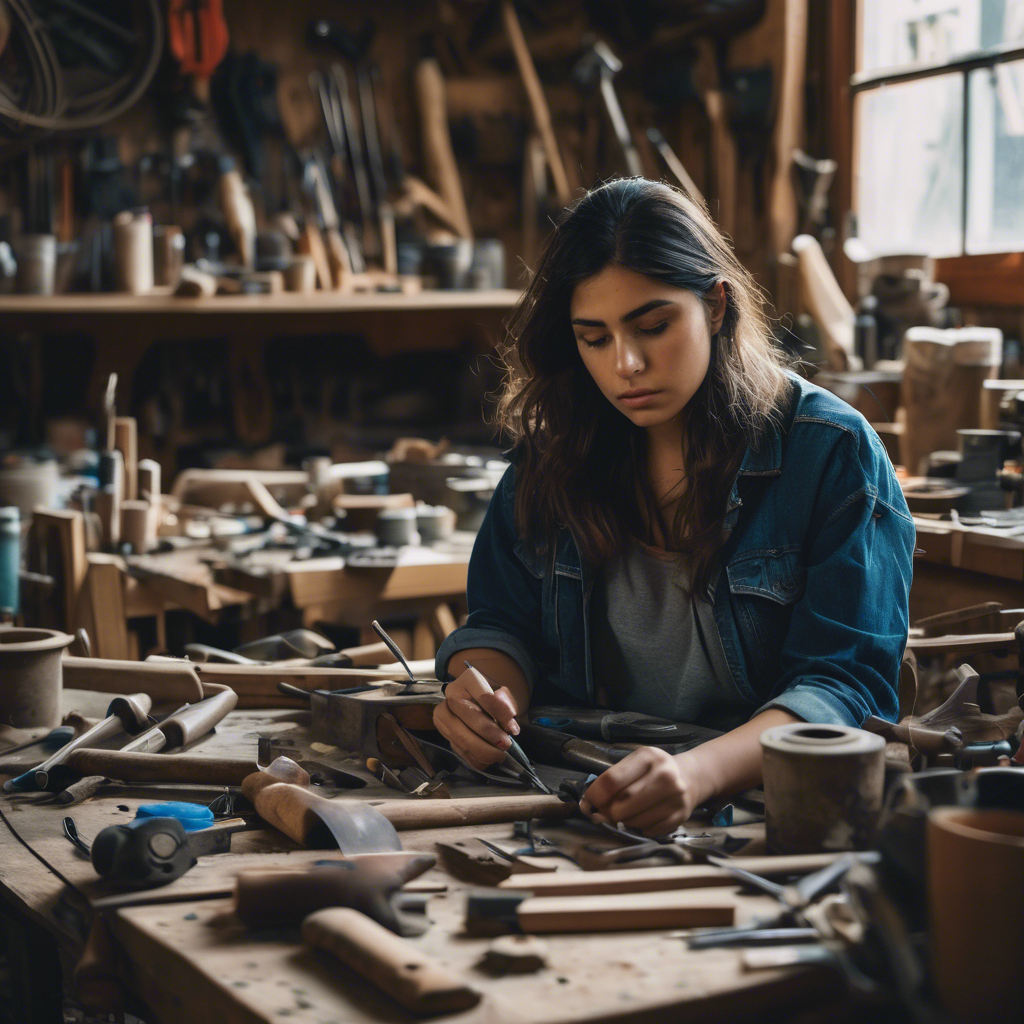 Mujer chilena joven, sentada en un taller de artesanía con herramientas a su alrededor, mirando con determinación un objeto inconcluso, mostrando una mezcla de tristeza y resolución en su rostro.