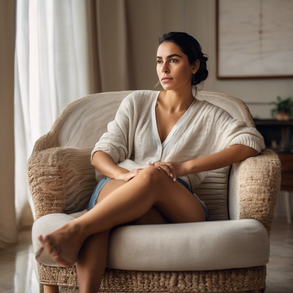 Una mujer latina, con rasgos faciales realistas y piel con textura natural, sentada en un cómodo sillón en una habitación iluminada con luz natural.  Su expresión es pensativa pero serena, sugiriendo un espacio seguro y una conversación terapéutica.