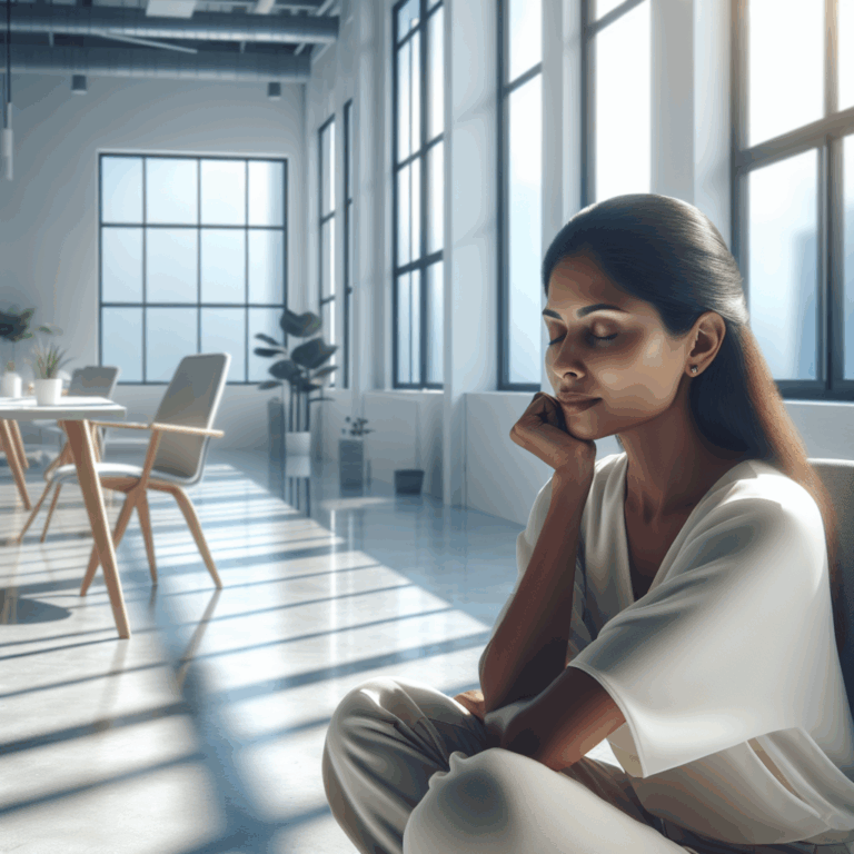 Imagen profesional de una persona reflexionando tranquilamente en un espacio luminoso y moderno, simbolizando la introspección y la búsqueda de la paz interior.
