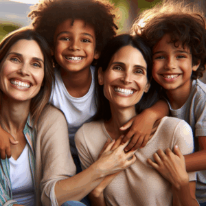 Una familia sonriendo junta, mostrando apoyo y amor en un ambiente cálido y acogedor.
