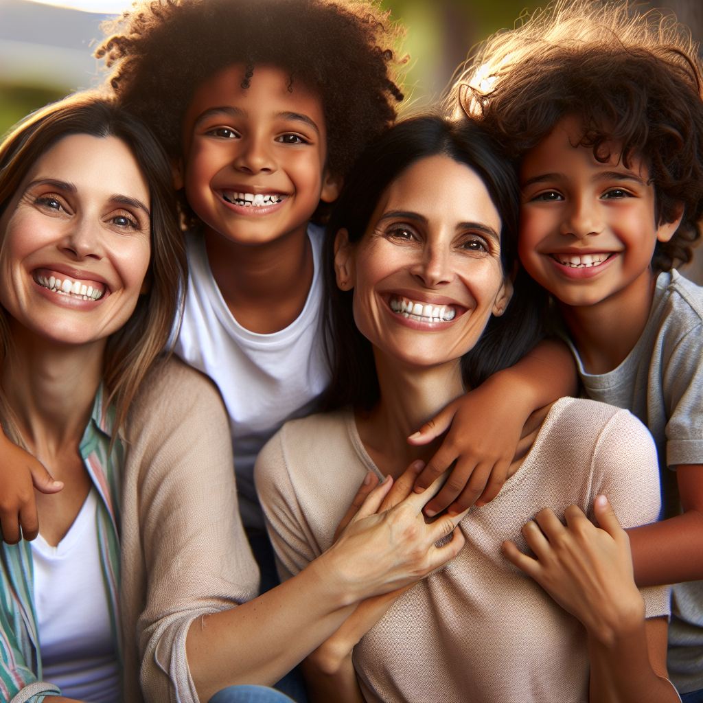 Una familia sonriendo junta, mostrando apoyo y amor en un ambiente cálido y acogedor.