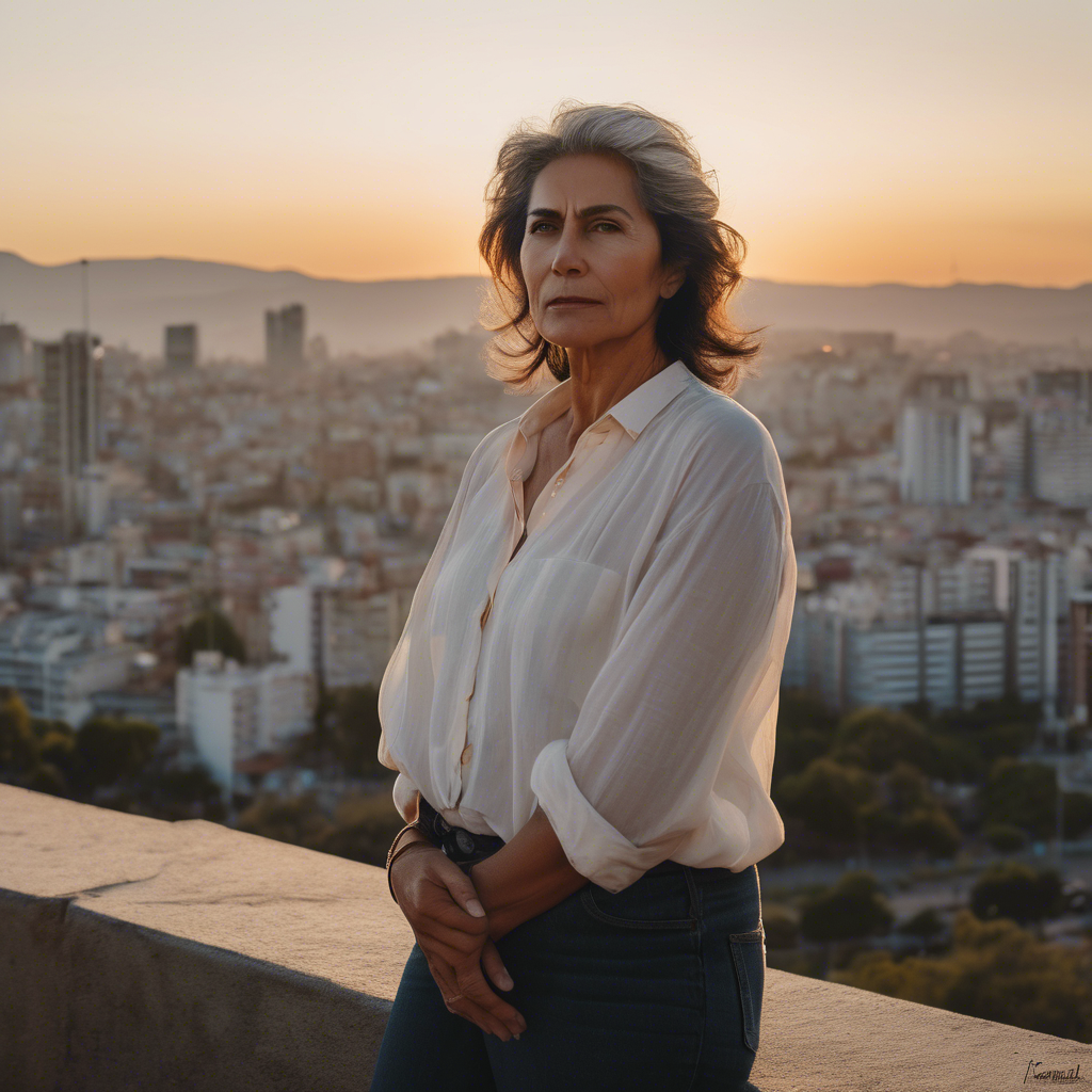 Una mujer chilena de mediana edad, con expresión serena y segura, mira al horizonte desde un mirador con vista a la ciudad.  El sol de la tarde ilumina su rostro, reflejando paz y aceptación.