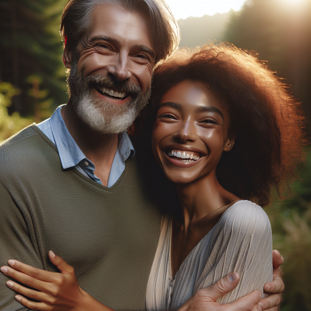Pareja sonriente en un ambiente natural, representando confianza y amor.
