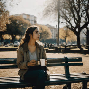 Mujer chilena joven sentada en un parque, mirando al cielo con una expresión de melancolía pero con un brote de esperanza en sus ojos, mientras sostiene una taza de café casi vacía.