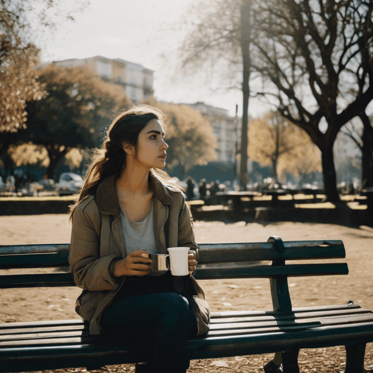 Mujer chilena joven sentada en un parque, mirando al cielo con una expresión de melancolía pero con un brote de esperanza en sus ojos, mientras sostiene una taza de café casi vacía.