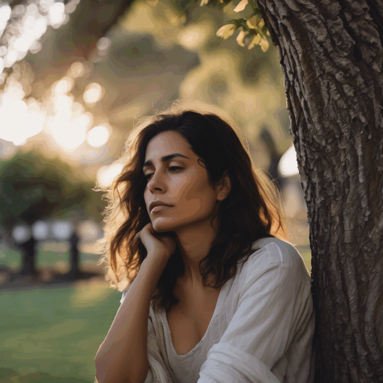 Una mujer chilena, con expresión cansada pero serena, se apoya en un árbol en un parque tranquilo al atardecer, respirando profundamente, mostrando un gesto de autocuidado y aceptación de sus límites.