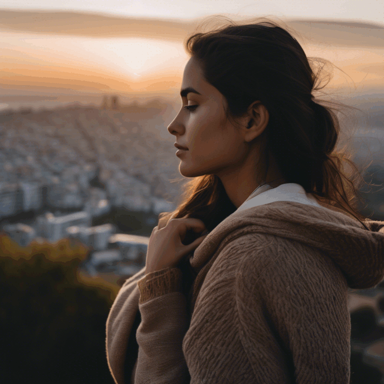 Una mujer chilena, con expresión serena y de autoaceptación, se abraza suavemente a sí misma mientras observa el atardecer desde una colina con vista a la ciudad.  La luz cálida del sol ilumina su rostro, reflejando paz interior.