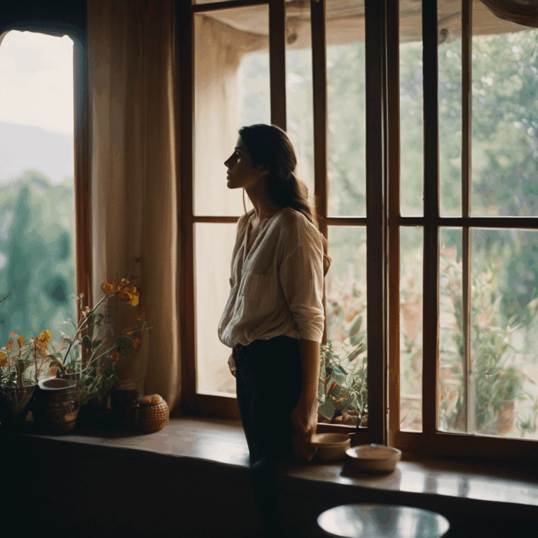 Mujer chilena mirando por la ventana, reflexionando sobre su búsqueda emocional.