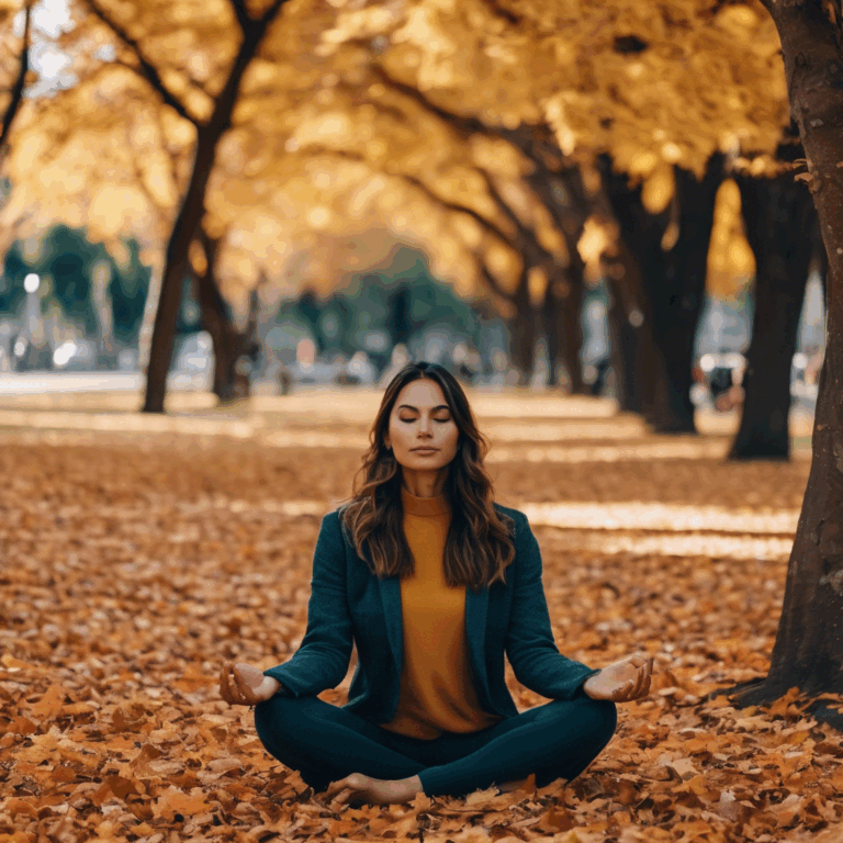 Una mujer chilena meditando en un parque mientras observa un paisaje cambiante, reflejando calma y control ante lo inesperado.