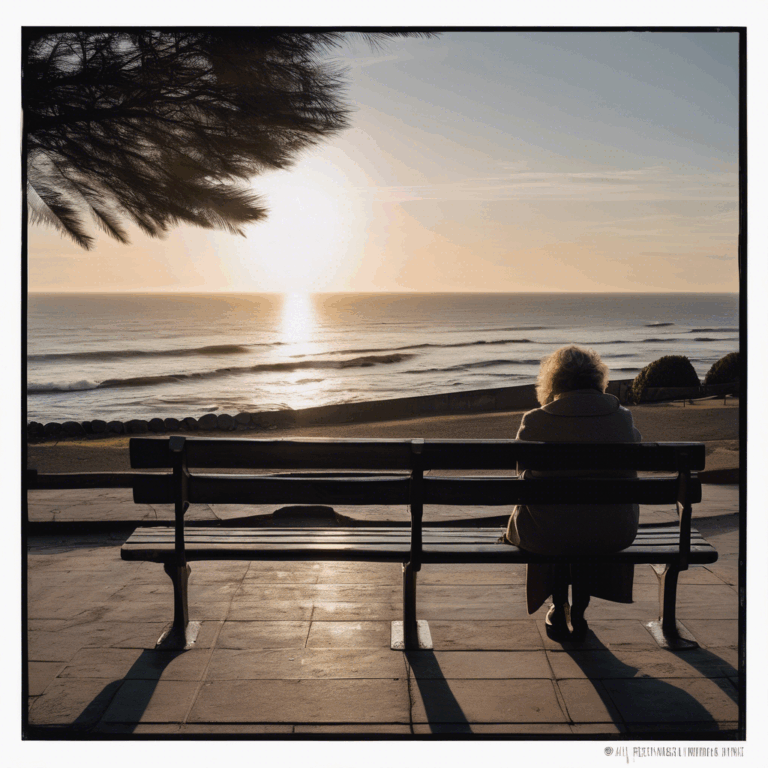 Mujer chilena de mediana edad sentada en un banco de parque, mirando al mar al atardecer.  Su expresión es de introspección tranquila, pero con un atisbo de esperanza en sus ojos.  El ambiente es sereno y melancólico, pero con una sensación de posible renovación.
