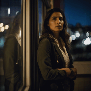 Mujer chilena reflexionando seriamente junto a una ventana, con la ciudad nocturna borrosa de fondo, mostrando una mezcla de conflicto interno y determinación.