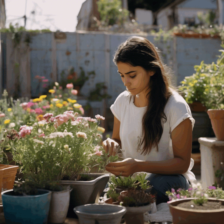 Una mujer chilena adulta joven, con rasgos mestizos, riega con cuidado las flores plantadas en una pequeña jardinera donde se ve una pequeña placa con el nombre de su mascota.  Sus ojos reflejan una mezcla de tristeza y esperanza, mostrando un gesto de paz y aceptación.