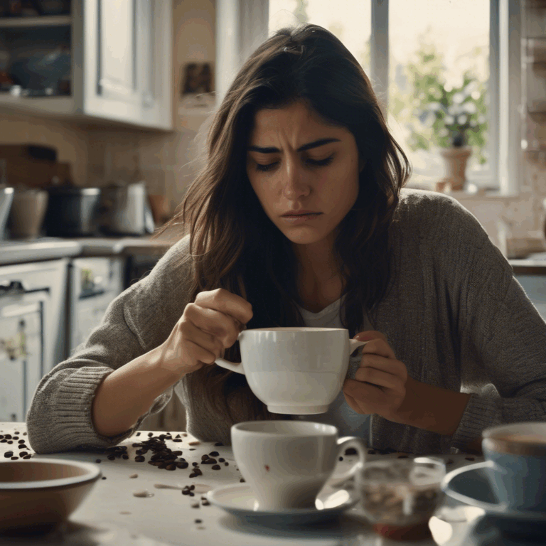 Una mujer chilena joven, con expresión de profunda fatiga y frustración, intenta levantar una taza de café de una mesa desordenada.  El ambiente es una cocina hogareña, con luz natural y tenue, mostrando un ligero desorden que refleja su estado interno.