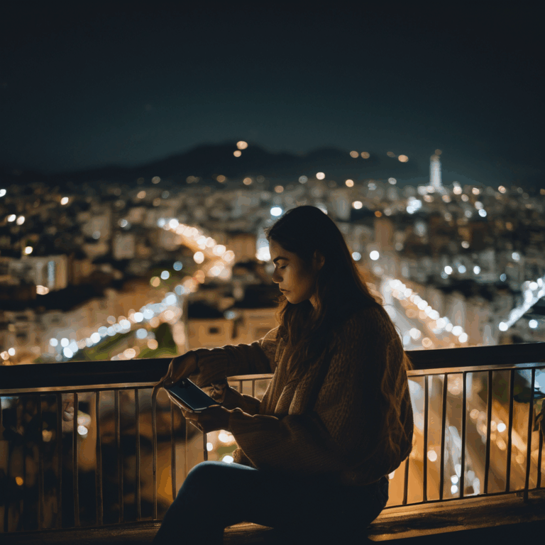 Mujer chilena mirando con tristeza una foto de su pareja en su teléfono, sentada en un balcón con vista nocturna a una ciudad iluminada, mostrando una sensación de soledad y anhelo.