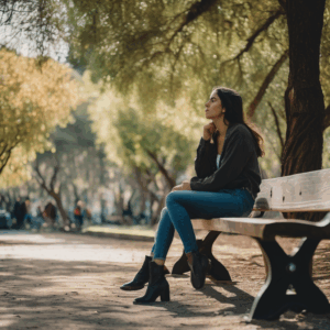 Una mujer chilena reflexionando en un parque, rodeada de árboles, con una expresión de serenidad y autoconexión.