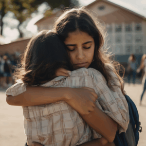 Niña chilena abrazando a su madre antes de separarse en la escuela, mostrando emociones de ansiedad y amor.