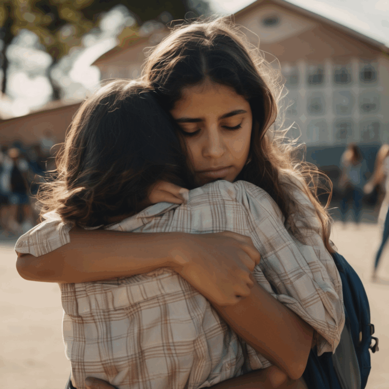 Niña chilena abrazando a su madre antes de separarse en la escuela, mostrando emociones de ansiedad y amor.