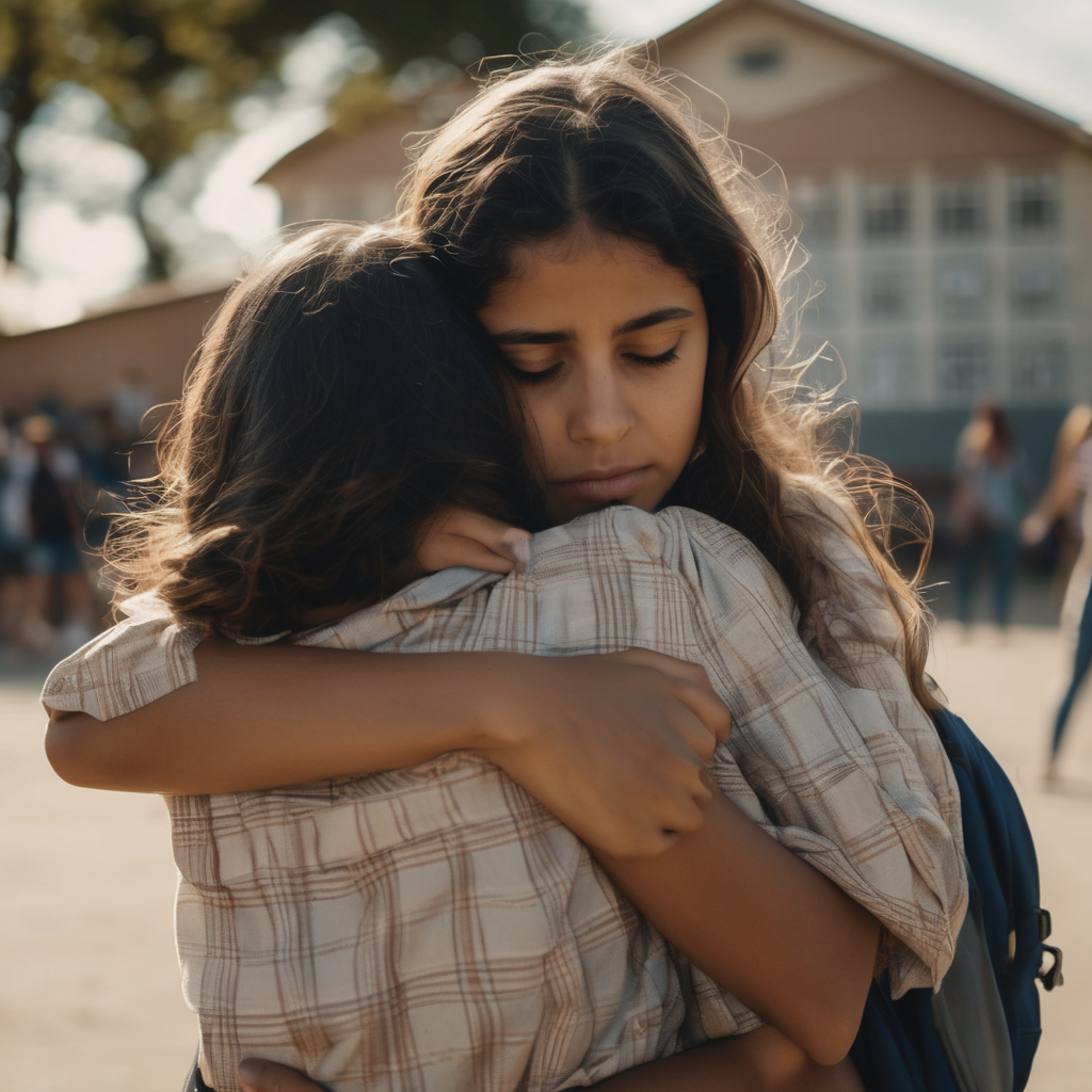 Niña chilena abrazando a su madre antes de separarse en la escuela, mostrando emociones de ansiedad y amor.