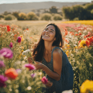 Mujer chilena sonriendo mientras cosecha flores en un campo soleado.