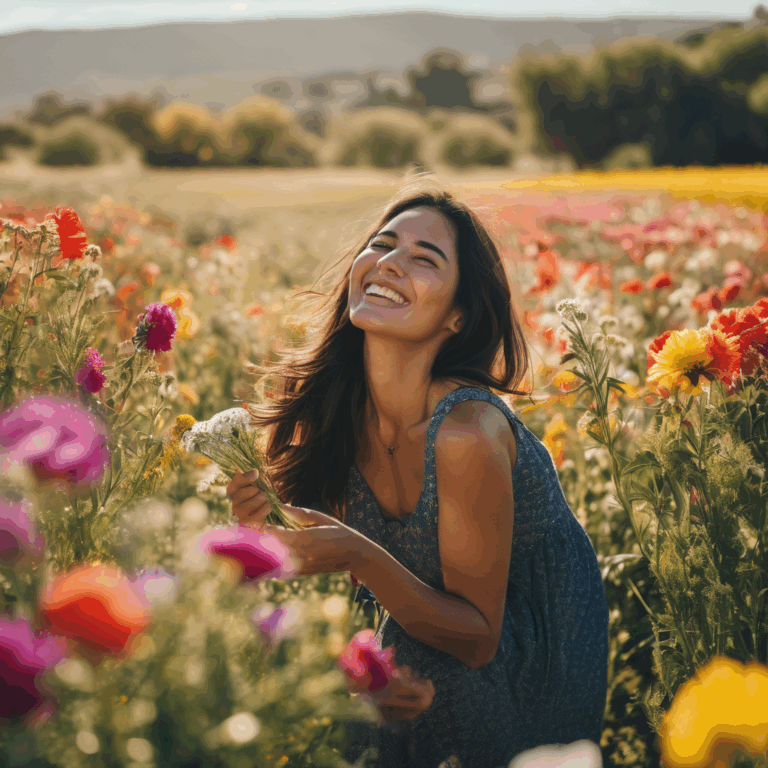 Mujer chilena sonriendo mientras cosecha flores en un campo soleado.