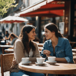 Una mujer chilena conversando con un amigo, mostrando vulnerabilidad y conexión emocional.