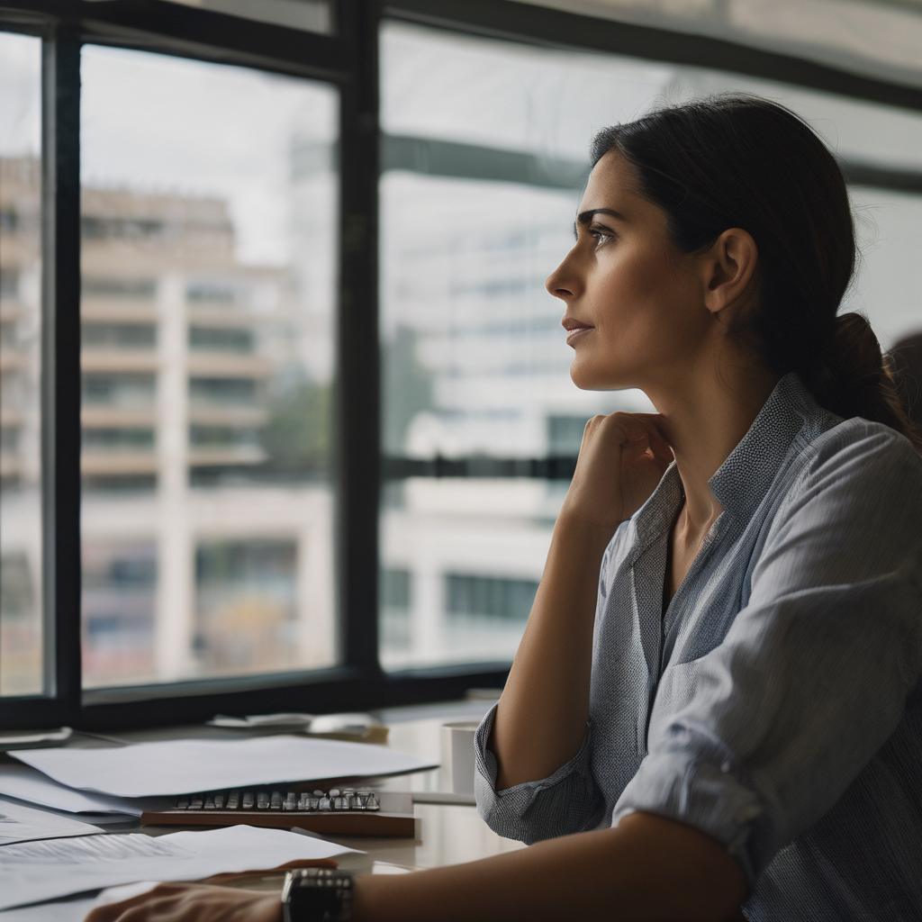 Mujer chilena en una oficina, respirando profundamente mientras observa por la ventana.