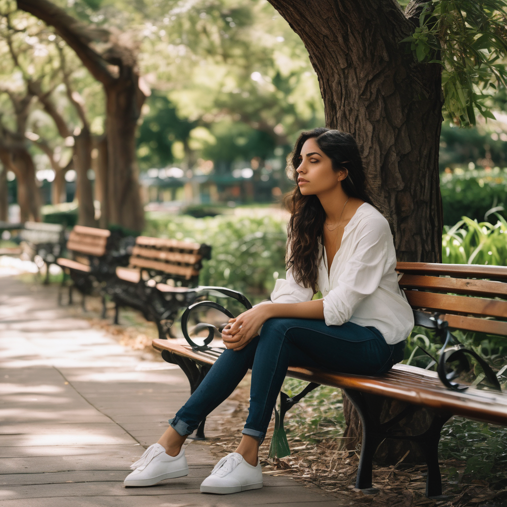 Mujer chilena reflexionando en un parque después de recibir críticas.
