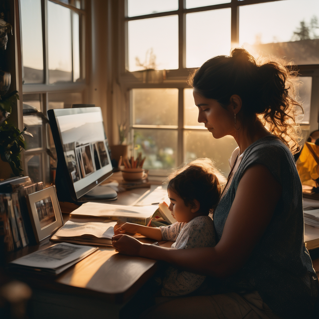 Una mujer chilena, con expresión pensativa pero serena, abraza a su hijo mientras mira una fotografía familiar en su escritorio de trabajo al atardecer. La luz cálida del sol se filtra por la ventana, creando una atmósfera de tranquilidad.