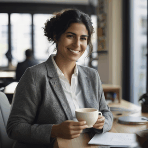 Mujer chilena sonriendo con tranquilidad, tras rechazar una tarea extra en su oficina, con una taza de té en la mano, fondo de oficina ligeramente desenfocado.