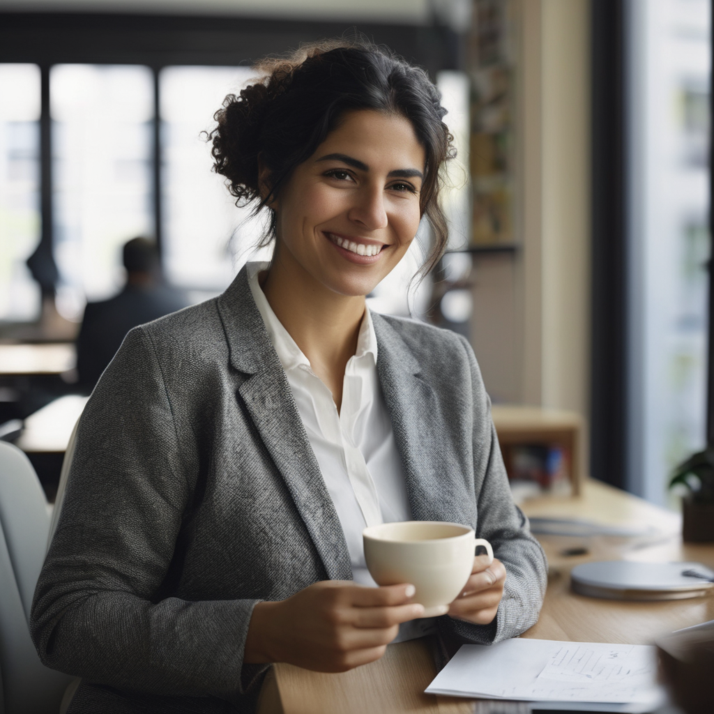 Mujer chilena sonriendo con tranquilidad, tras rechazar una tarea extra en su oficina, con una taza de té en la mano, fondo de oficina ligeramente desenfocado.