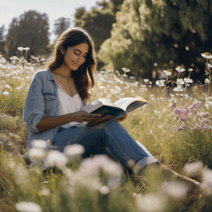 Mujer chilena joven, sentada en un parque soleado, sonriendo con tranquilidad mientras lee un libro, rodeada de flores silvestres.  Expresa paz interior y autoaceptación.