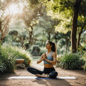 Mujer chilena realizando yoga al aire libre, rodeada de naturaleza.