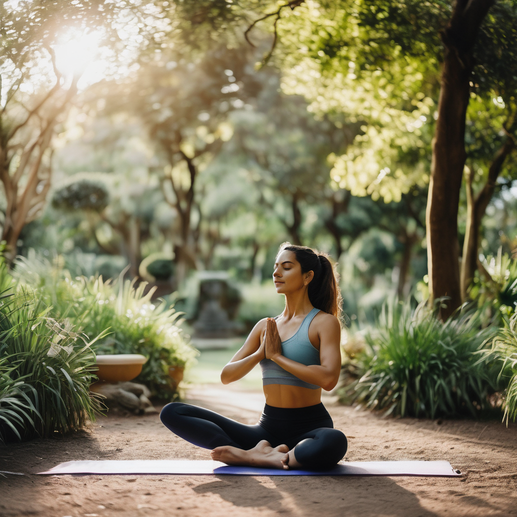 Mujer chilena realizando yoga al aire libre, rodeada de naturaleza.