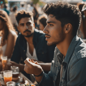Persona chilena en una reunión social, respirando profundamente para calmar su ansiedad.