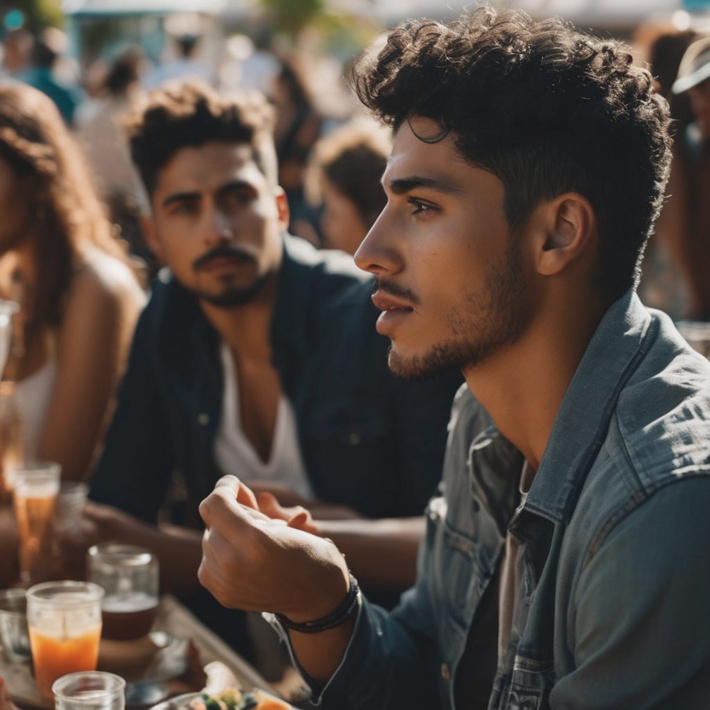 Persona chilena en una reunión social, respirando profundamente para calmar su ansiedad.