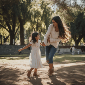 Niña chilena jugando con su madre, mostrando alegría y conexión emocional.