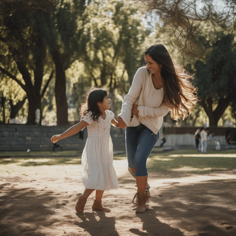 Niña chilena jugando con su madre, mostrando alegría y conexión emocional.