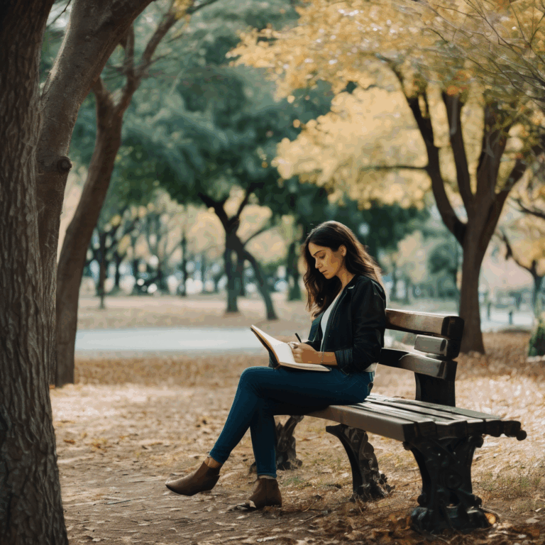 Mujer chilena reflexionando en un parque tras un fracaso profesional.
