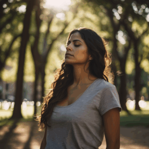Mujer latina respirando profundamente en un parque antes de un evento importante, mostrando tranquilidad.