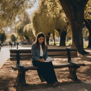 Mujer chilena reflexionando en un parque, enfrentando sus emociones tras un divorcio.