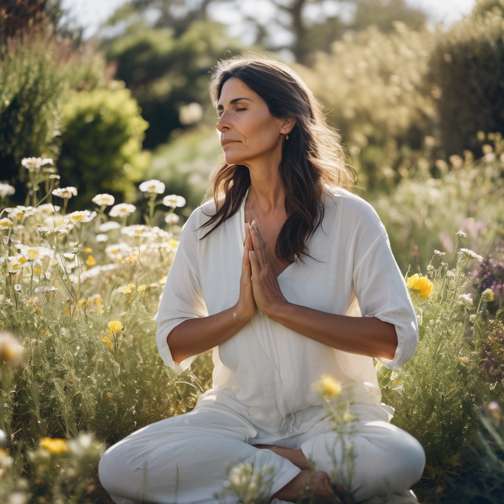 Una mujer chilena adulta, sentada en posición de meditación en un jardín soleado, con expresión serena y tranquila; sus manos descansan sobre sus rodillas. Flores silvestres borrosas de fondo.
