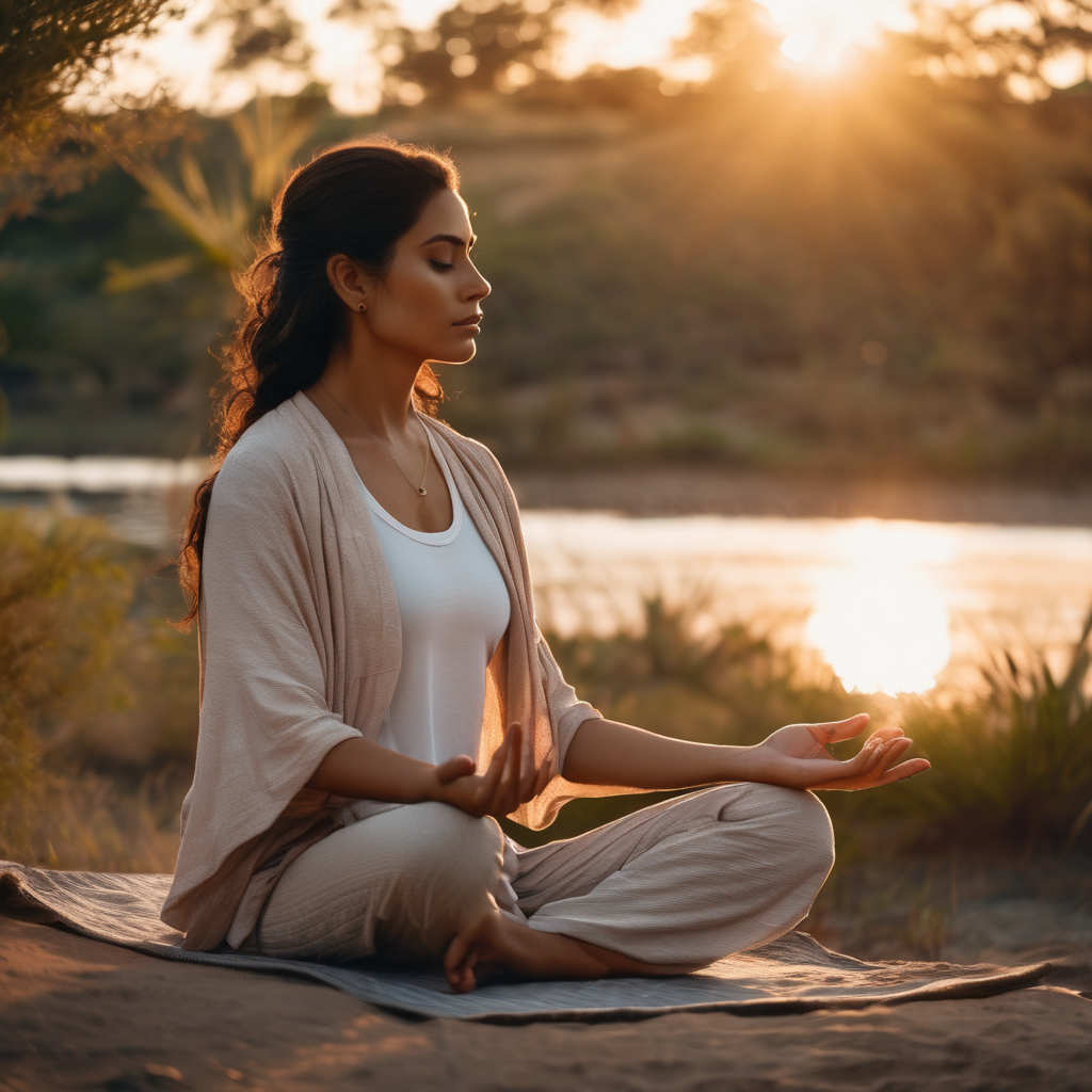 Mujer latina meditando en un entorno natural al atardecer, mostrando paz y serenidad.