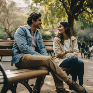 Pareja chilena conversando amablemente en un parque.