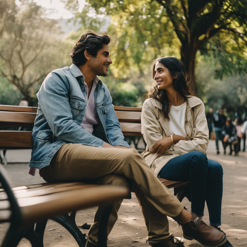 Pareja chilena conversando amablemente en un parque.