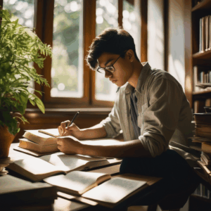 Estudiante chileno concentrado en su estudio, rodeado de libros y notas.